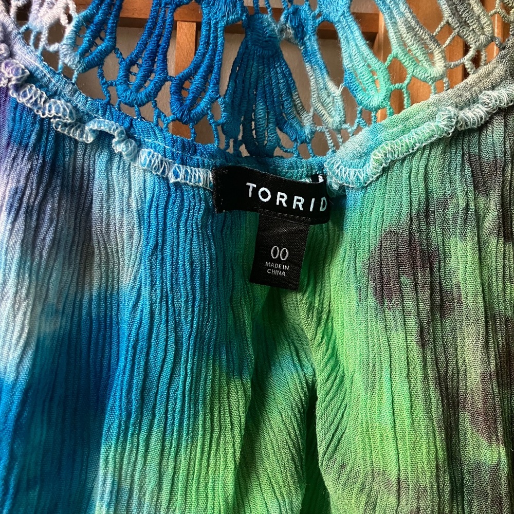 Torrid HAND DYED Tie Dye Size 00/M-L Rayon Open Front Kimono Wrap Lace Back OOAK - Picture 4 of 6